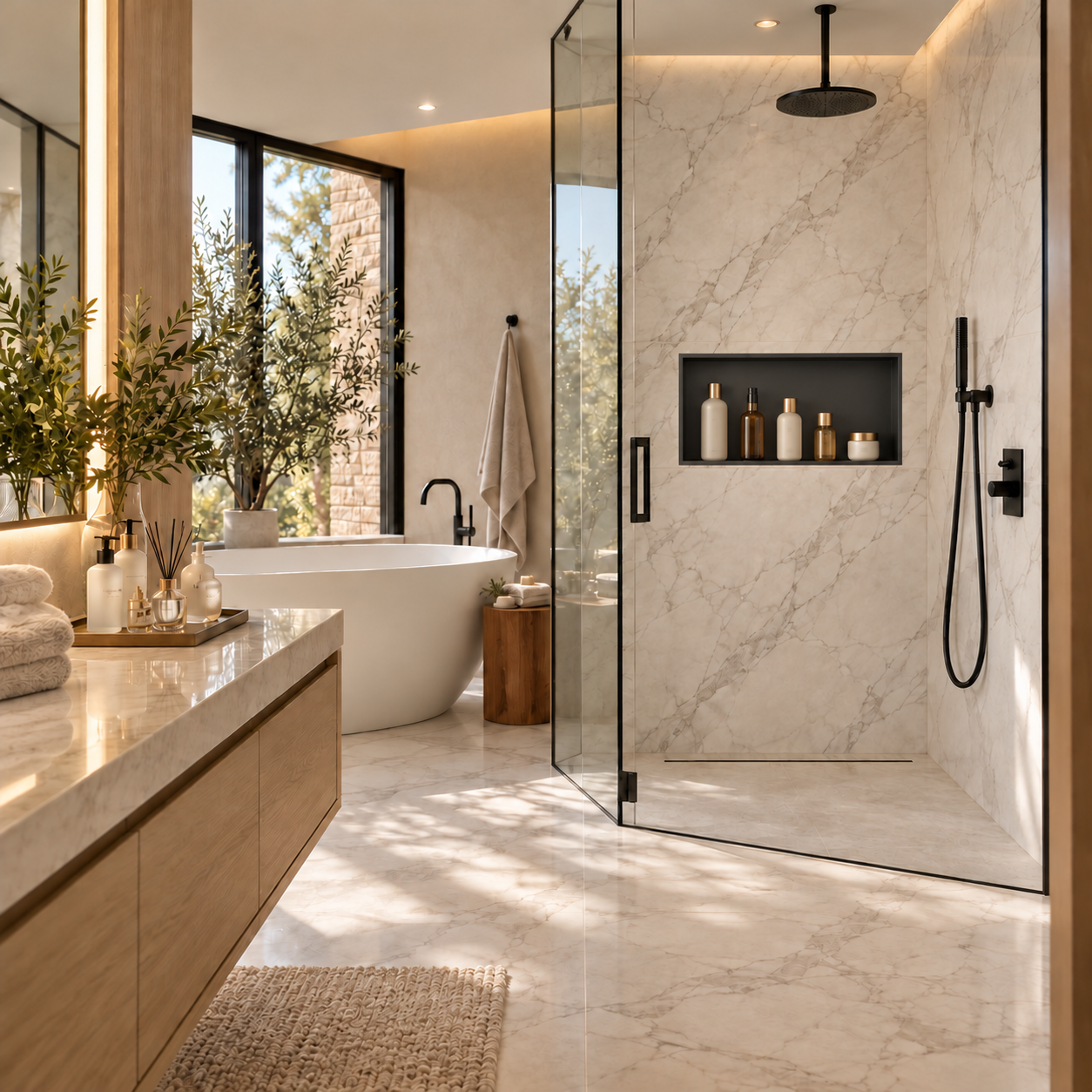 Black recessed shower niche in a bathroom setting
